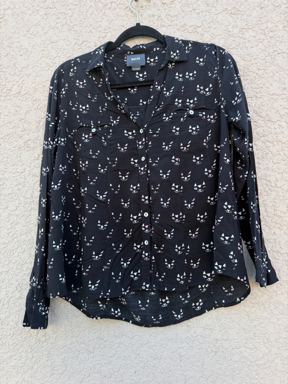 Maeve Black Cat Face Print Button-Up Shirt